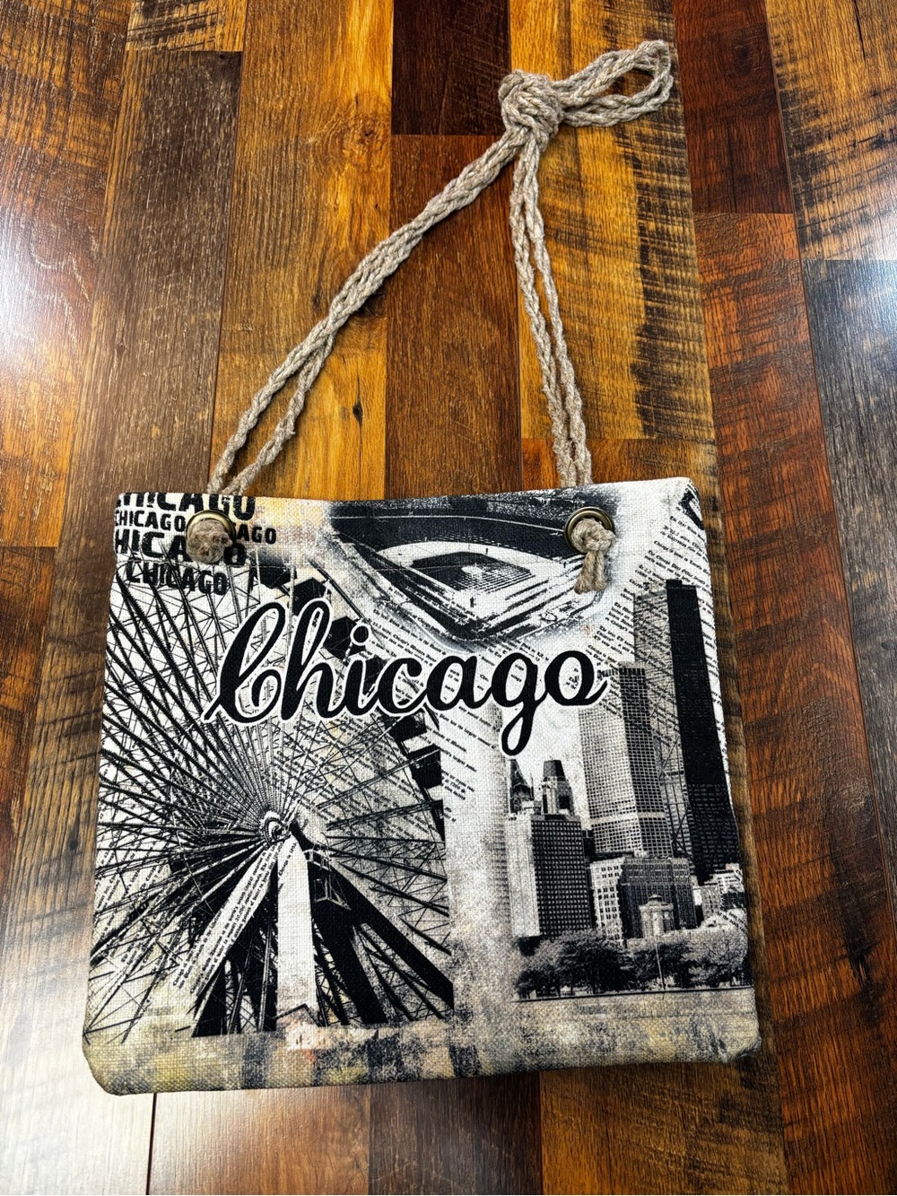 Sun Shirt Chicago Graphic Canvas Tote in Black & Cream with Jute Braided Handle.